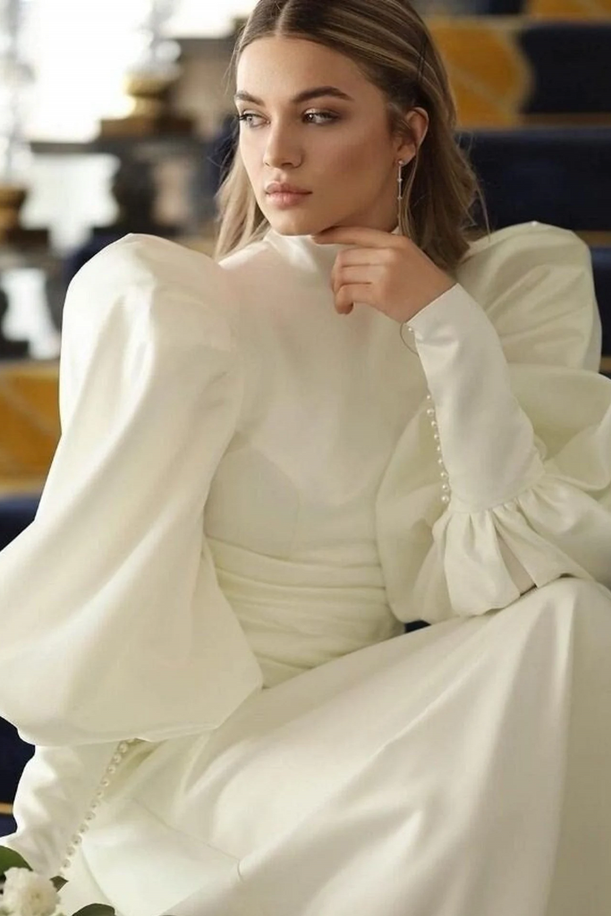 Full Puffy Sleeves High Collar Long Simple Wedding Dress With Button ...