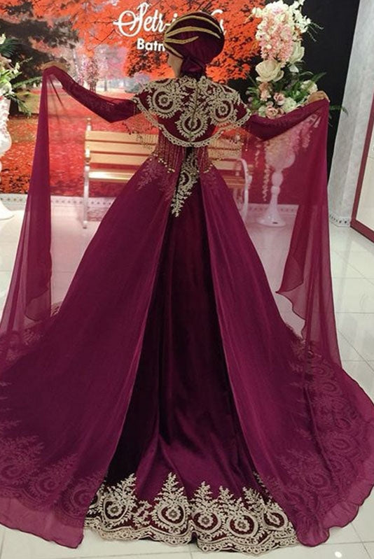 Wine Red Long Sleeve Wedding Dresses Gold Lace Appliques Muslim Kaftan Bridal Gowns DW131