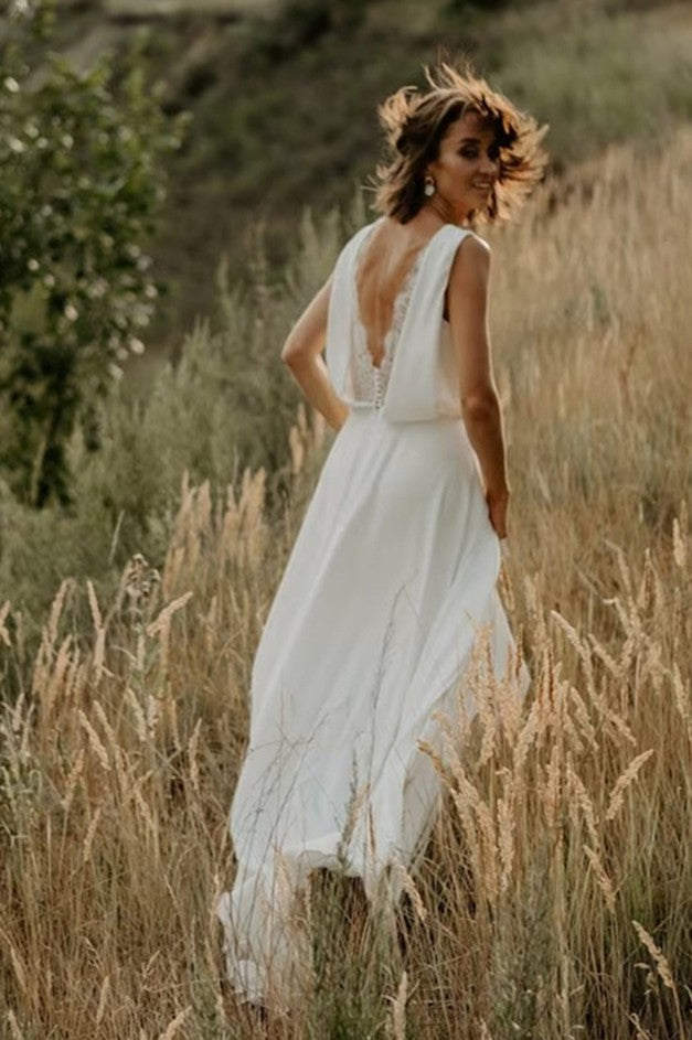 Lace Sheer Back Cheap Wedding Dress Bohemian Simple Chiffon – TANYA BRIDAL
