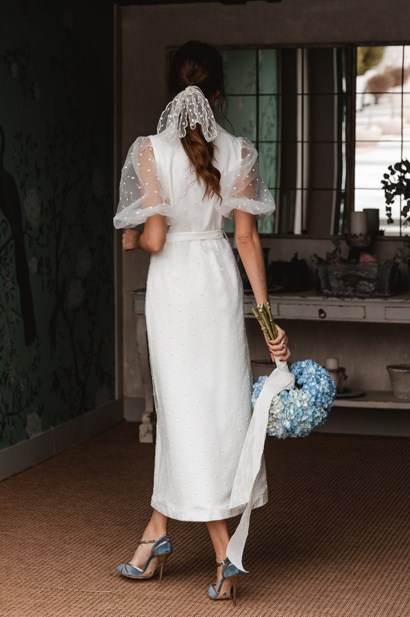 Tea Length Soft Satin Wedding Dresses Puffy Dot Tulle ZW971