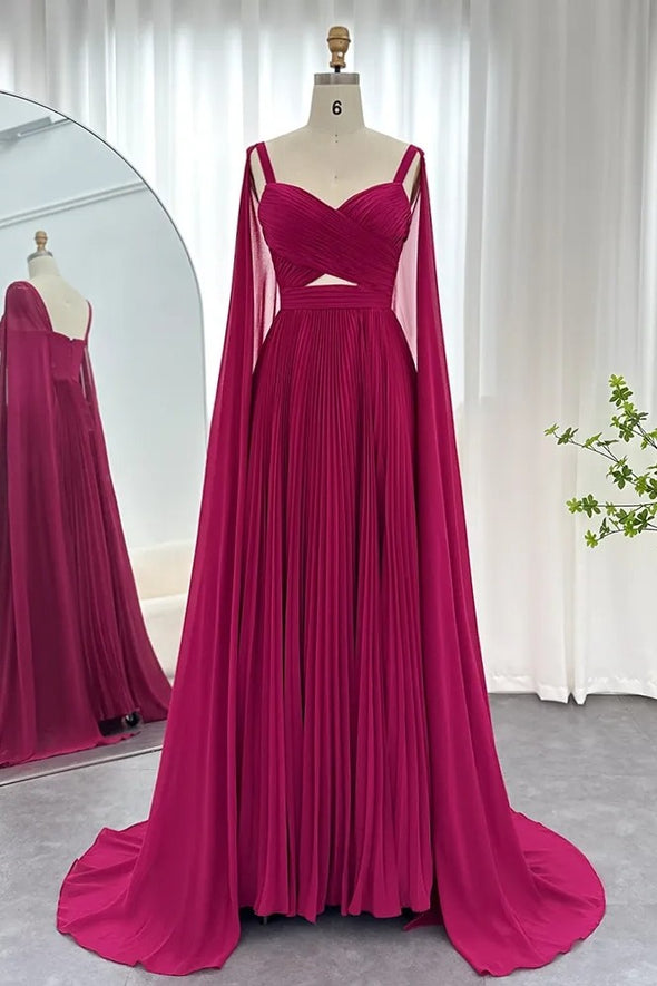 Arabic Fuchsia Chiffon Dubai Evening Dresses With Cape