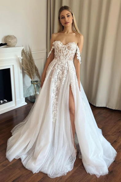 Dot Tulle Lace Appliques Sheer Body Wedding Dress Side Split