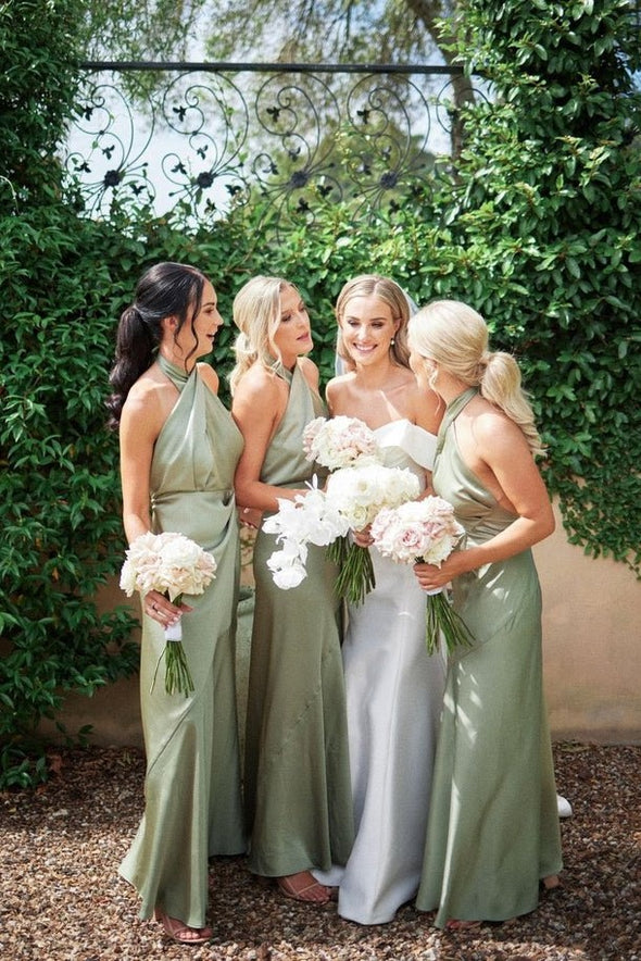 Halter Neck Backless Simple Long Bridesmaid Dress