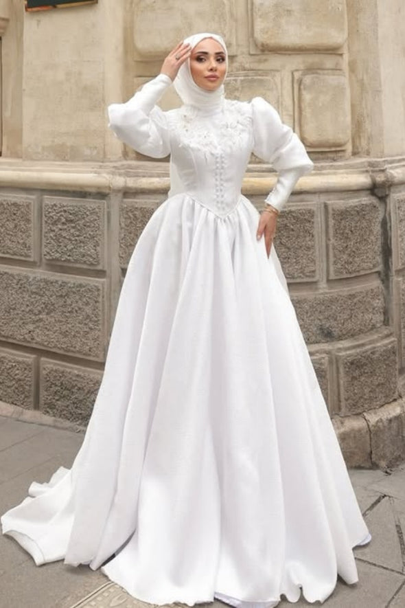 #DZ9443 Muslim Wedding Dress Long Sleeves With Lace Appliques