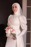 O Neck Long Sleeves Muslim Wedding Dress With Pleats