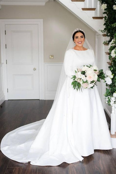 Satin Wedding Dress Backless A Line Court Train