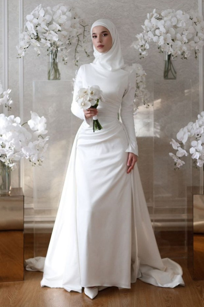 DZ9464 Soft Satin Long Arabic Muslim Wedding Dress – TANYA BRIDAL DZ9464 Soft Satin Long Arabic Muslim Wedding Dress – TANYA BRIDAL