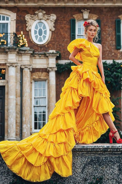 #DZ9304 Orange Taffeta Long One Shoulder Prom Dress