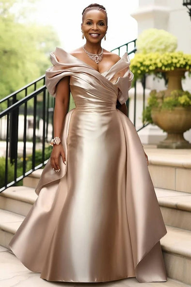 Romantic A Line V Neck Plus Size Satin Mother Of The Bride Dress