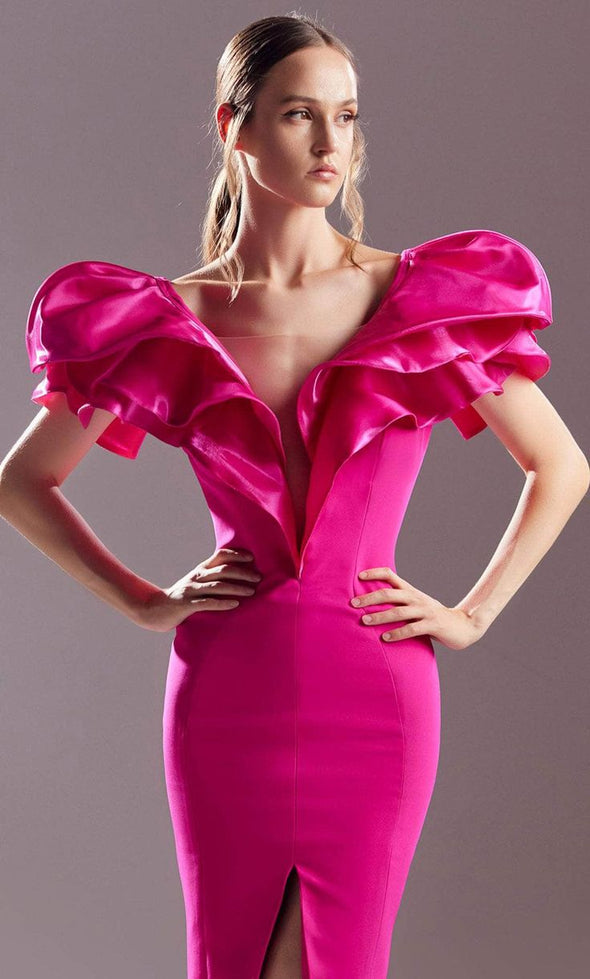 Plunging Neck Ruffled Detail Sleeve Prom Dress
