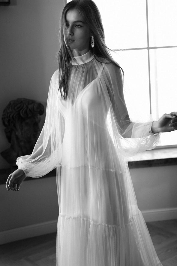 Bohemian Soft Tulle Long Sleeves Wedding Dress Ruffles