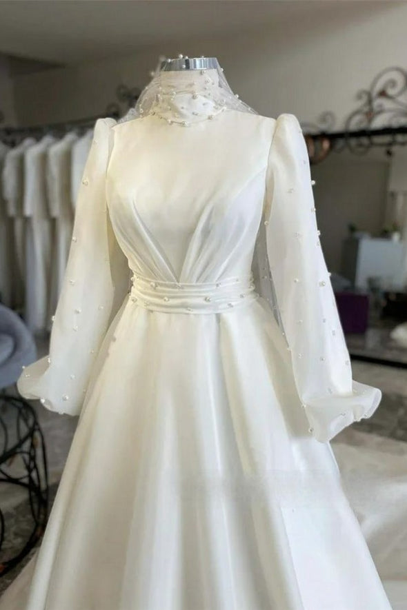 Organza Pearls Muslim Hijab Wedding Dress