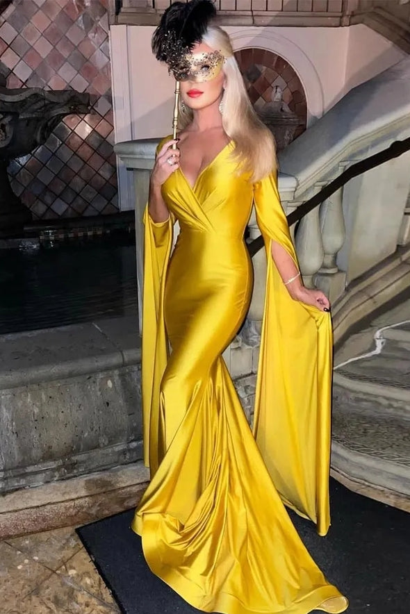 Yellow Mermaid Prom Dresses Long Sleeves Evening Gowns Deep V Neck