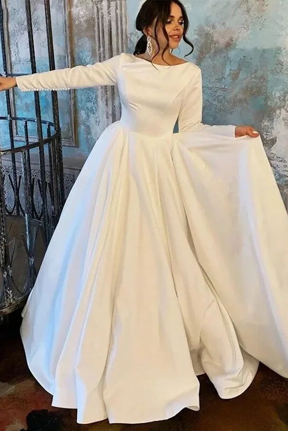 Classic Satin Full Sleeves A Line V Back Wedding Dress