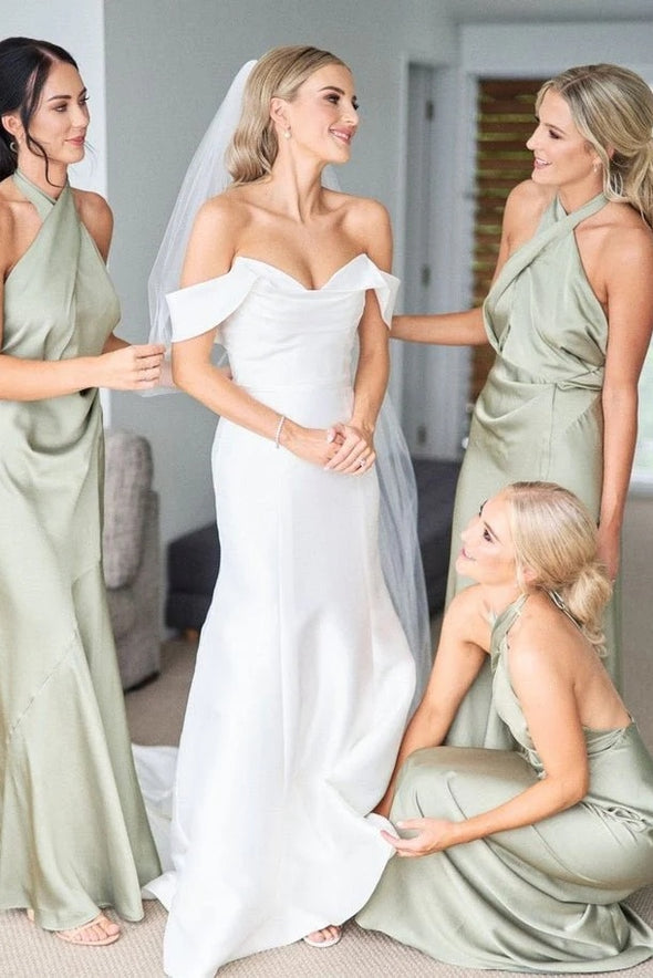 Halter Neck Backless Simple Long Bridesmaid Dress