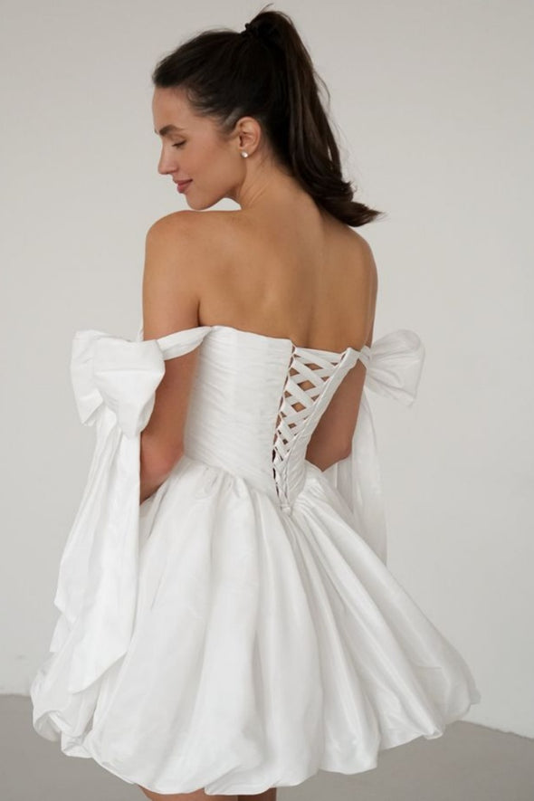 Off White Taffeta Short Wedding Dress / Homecoming Gown Off The Shoulder