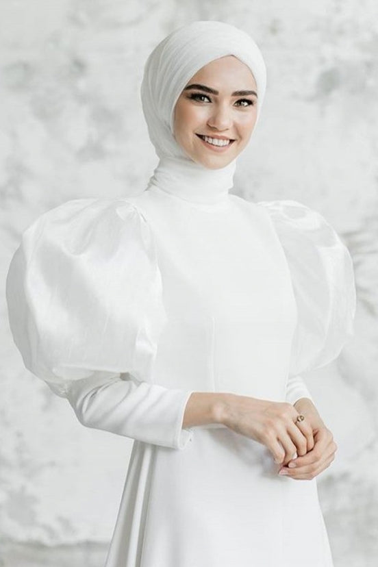 Puffy Sleeves Long Satin Muslim Wedding Dress With Train