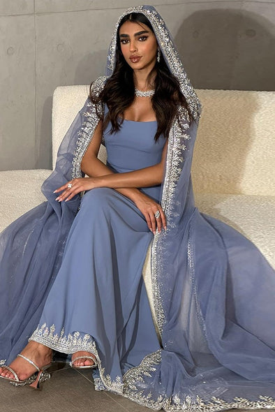Luxury Crystal Blue Mermaid Dubai Evening Dresses with Cape Sleeves 242221430