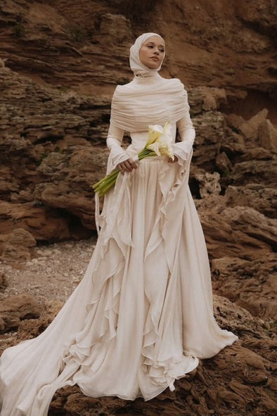 #DZ9316 Romantic A Line Long Sleeves Muslim Wedding Dress Pleated