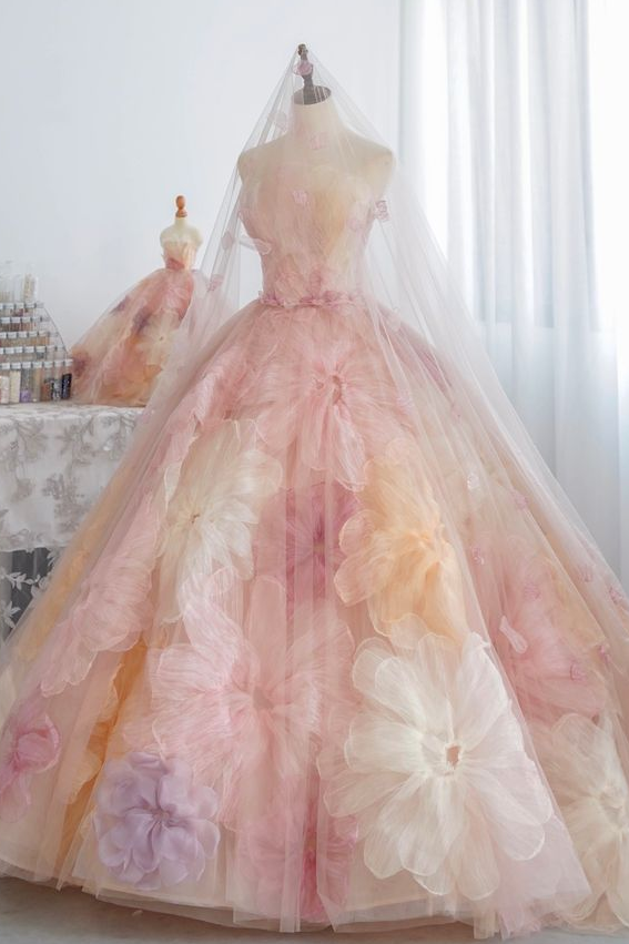 oleg cassini subtle pink 3d floral wedding dress Elegant 3D Flowers Pink Evening Dress with Overskirt SS352