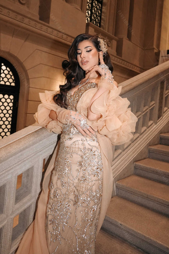 #DZ9432 Champagne organza Wedding Cape With 3D Flowers