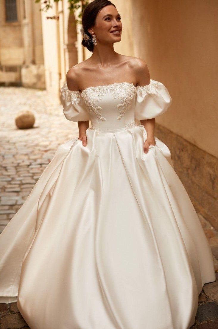 A Line Satin Wedding Dress With Detachable Sleeves Embroidery Lace TANYA BRIDAL A Line Satin Wedding Dress With Detachable Sleeves Embroidery Lace TANYA BRIDAL