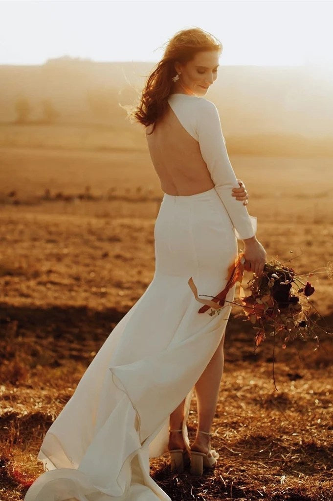 Backless Satin Wedding Dresses Mermaid Long Sleeves Gowns 242191538 – TANYA BRIDAL