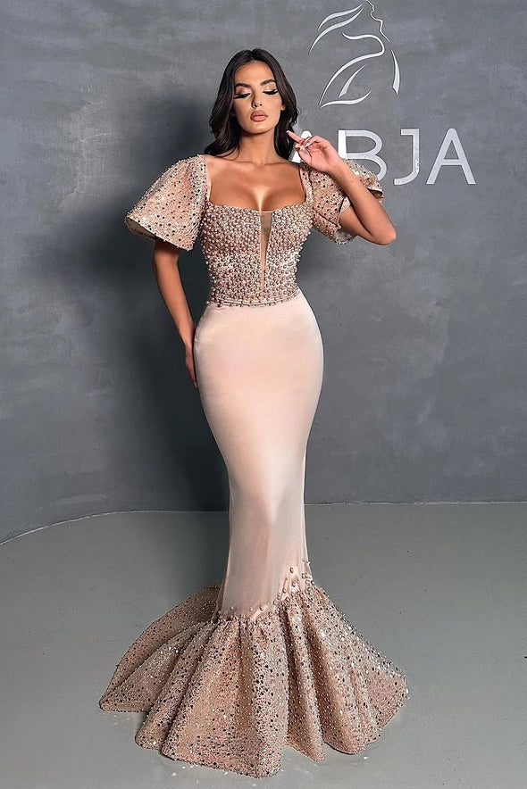 Amazing Pearls Mermaid Prom Dresses Beaded Sheer Plunging Neckline