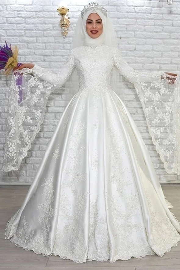 Luxury Muslim A Line Wedding Dress High Neck Long Flare Sleeves TBW75
