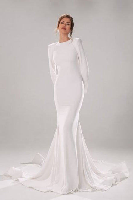 Long Sleeves Round Neck Simple Modest Mermaid Wedding Dress