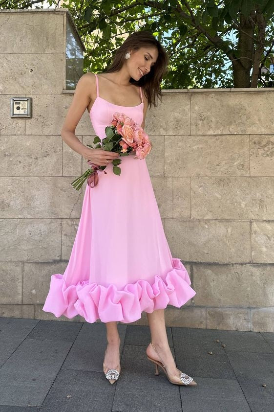 Romantic Midi Homecoming Dress A Line Spaghetti Strap