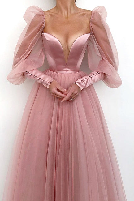 Dusty Pink A Line Prom Dress Full Sleeves