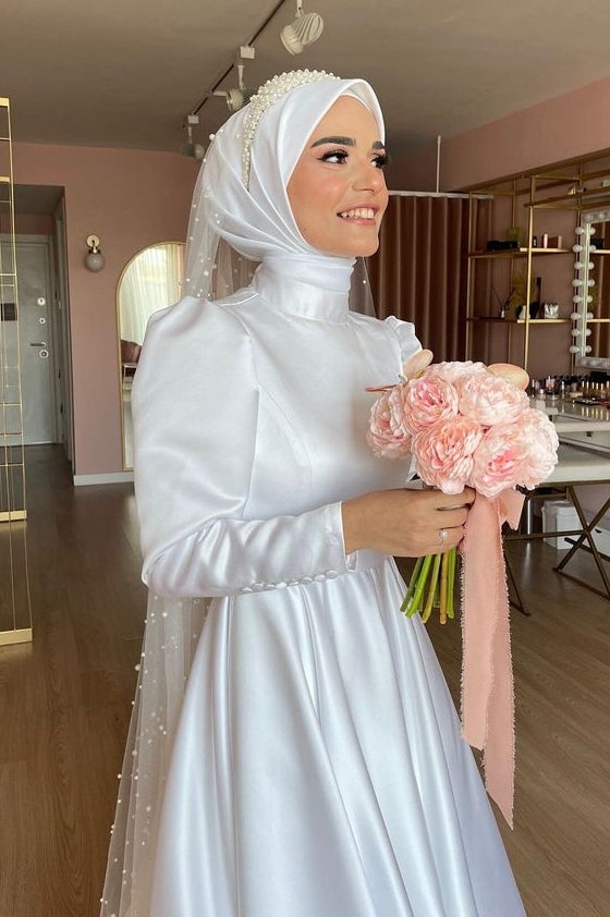 High Collar Full Sleeves Satin Modest Muslim Wedding Dress