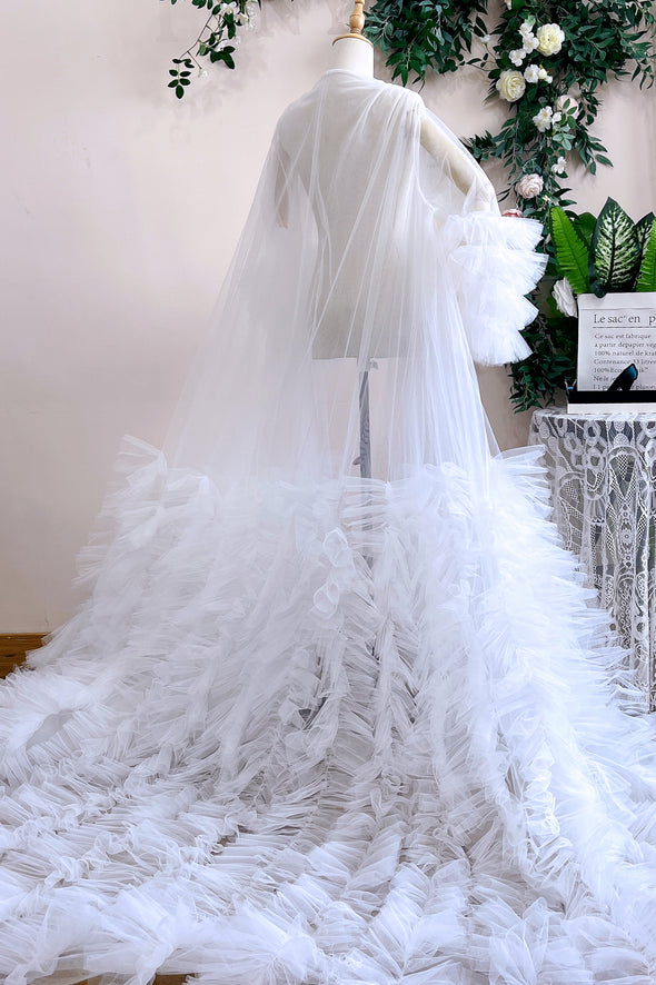 Ruffles Tulle Fashion Wedding Jacket Long Flare Sleeve Robe Outfit