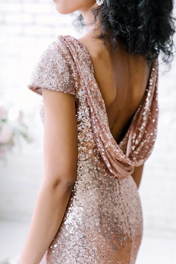 Rose Gold Sequins Long Bridesmaid Dress Backless – TANYA BRIDAL