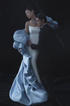 Light Blue Satin Long Cape With Puff Sleeve