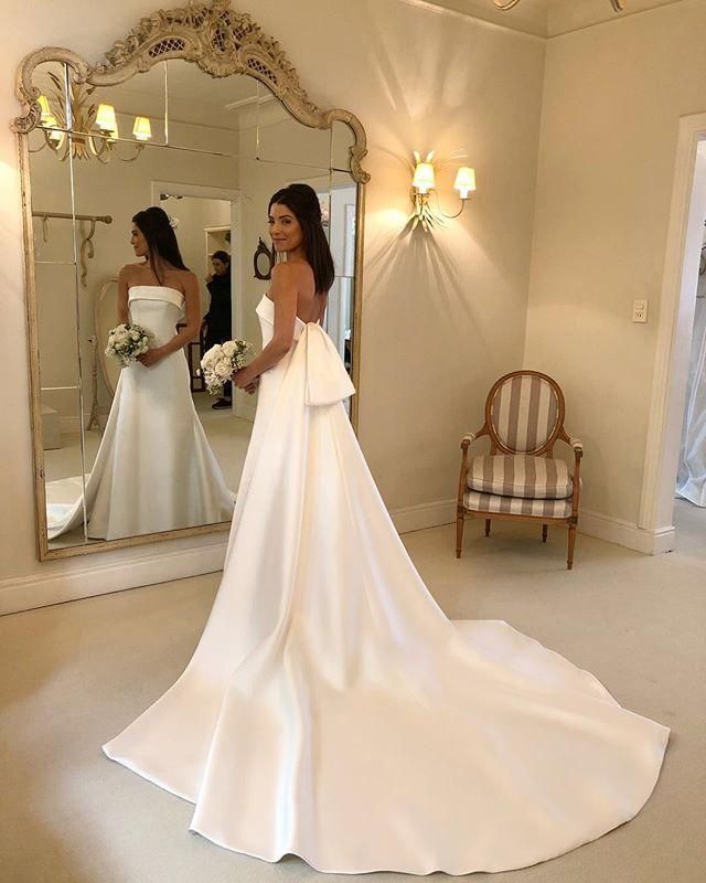 Simple Satin Modest Strapless Wedding Dress With Ribbon Train TANYA BRIDAL Simple Satin Modest Strapless Wedding Dress With Ribbon Train TANYA BRIDAL