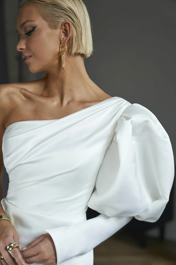 One Shoulder Long Sleeve Mini Wedding Party Dress