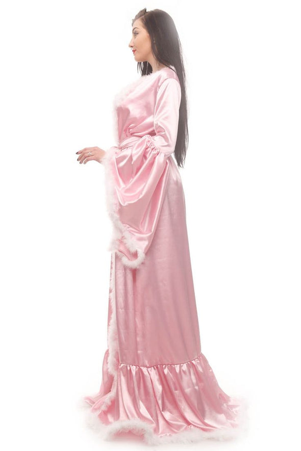 Satin Bride Candy Pink Satin Robe White Marabou Feather Hollywood Dressing Gown