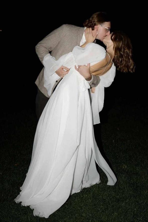 Deep V Neck Long Sleeves Cross Back Chiffon Wedding Dress