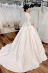 Traditional White Long Sleeves Satin Muslim Wedding Dress With Train