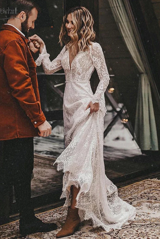 ebay bohemian wedding dress Sexy Sheer O-Neck Boho Wedding Dresses Appliques Lace A-Line Beach Bridal Gowns