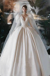 V Neck Long Crew Sleeves Ball Gown Bridal Dress
