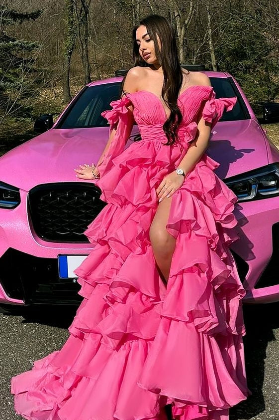 Hot Pink Deep V Tiered Long Prom Dress With Split TANYA BRIDAL Hot Pink Deep V Tiered Long Prom Dress With Split TANYA BRIDAL