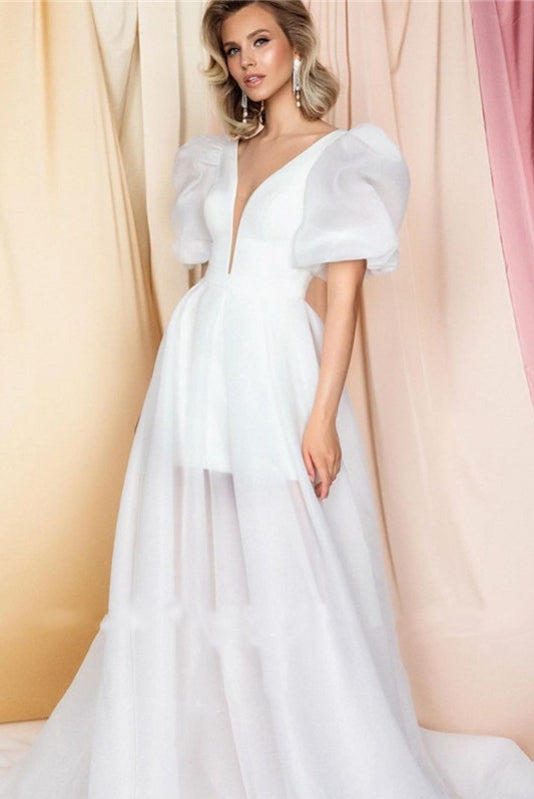 Wedding Dress Elegant V-Neck A-Line Short Puffy Sleeves With Detachable Train