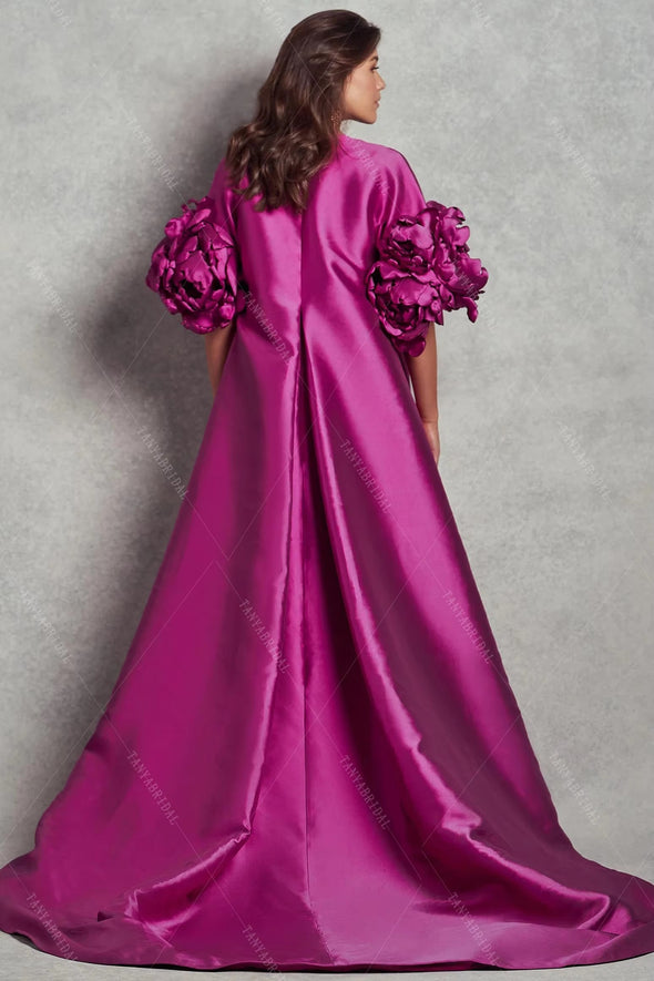 ZJ239 Fuchsia Long Evening Coat Taffeta Cape Stylish
