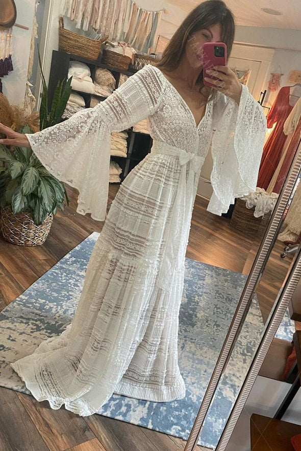 Bohemian Long Flare Sleeves Lace Wedding Dress V Neck Chic