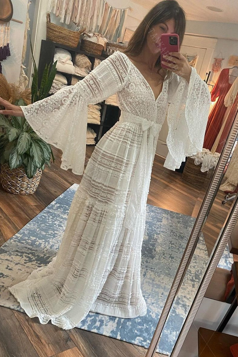 Bohemian Long Flare Sleeves Lace Wedding Dress V Neck Chic Bohemian Long Flare Sleeves Lace Wedding Dress V Neck Chic