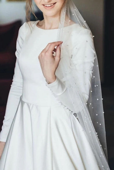A Line Satin Modest Wedding Dress With Sleeves