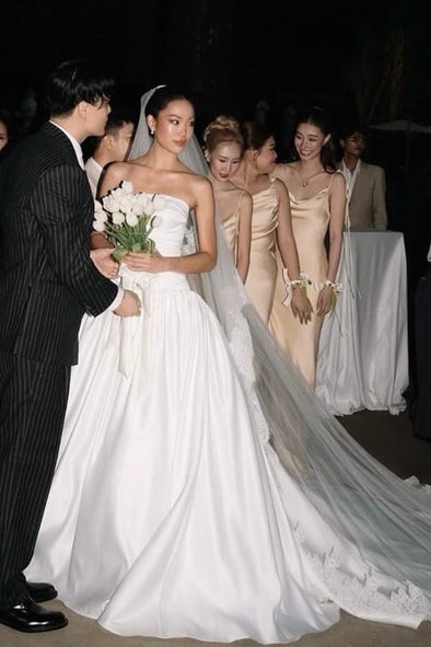 Romantic Long Satin Wedding Dress Strapless Ball Gown